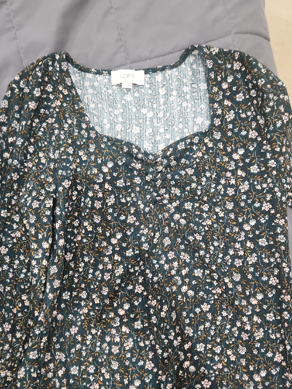 LOFT Teal Green Floral Smocked Yoke Blouse